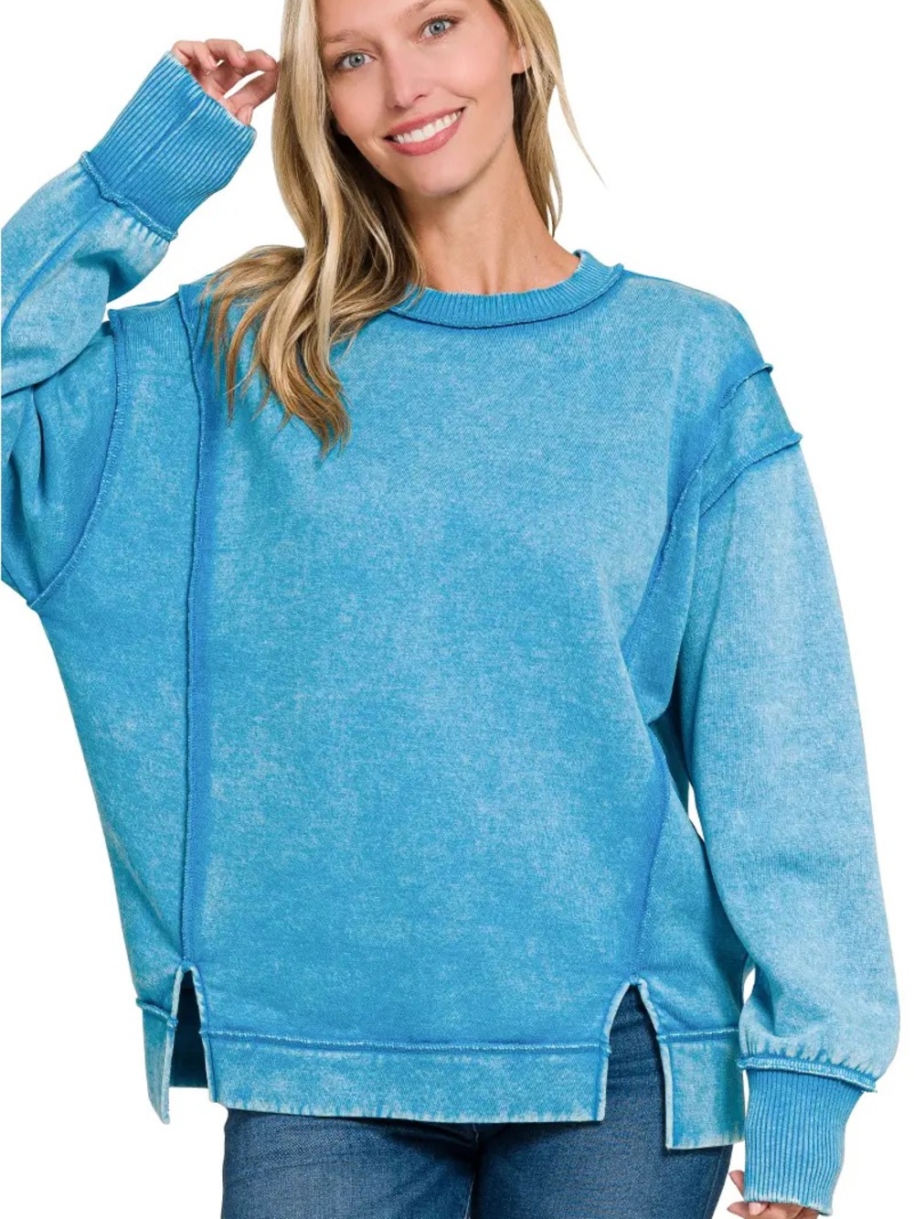 Zenana Aqua Acid Washed Oversized Crewneck Sweatshirt